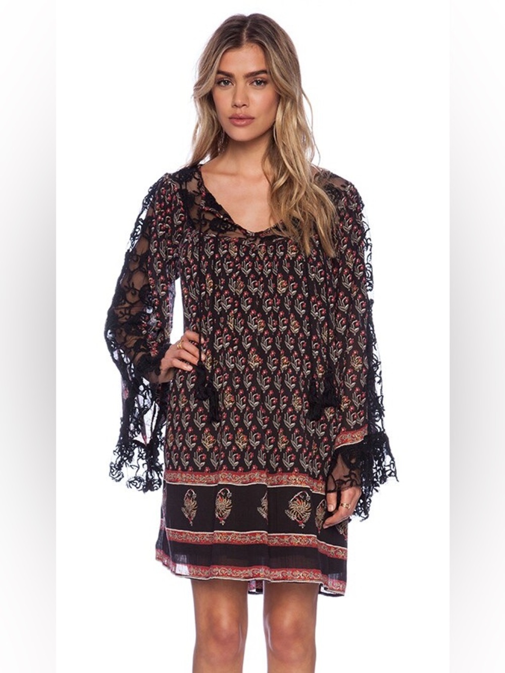 Free People Nomad Printed Chiffon Tunic Dress Black Combo Size M